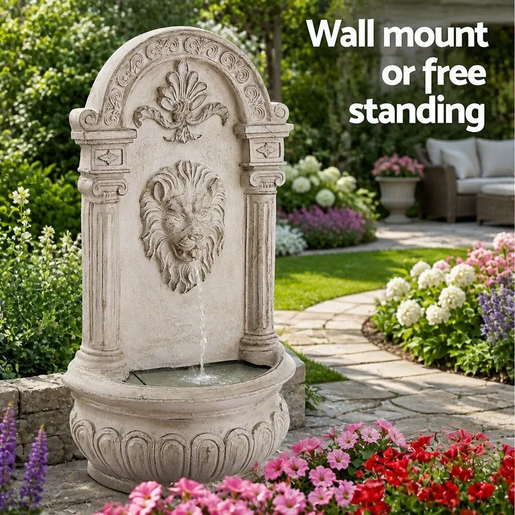 Solar Wall Mount Garden Fountain Lion Cascading Water Feature 77CM Beige Patio