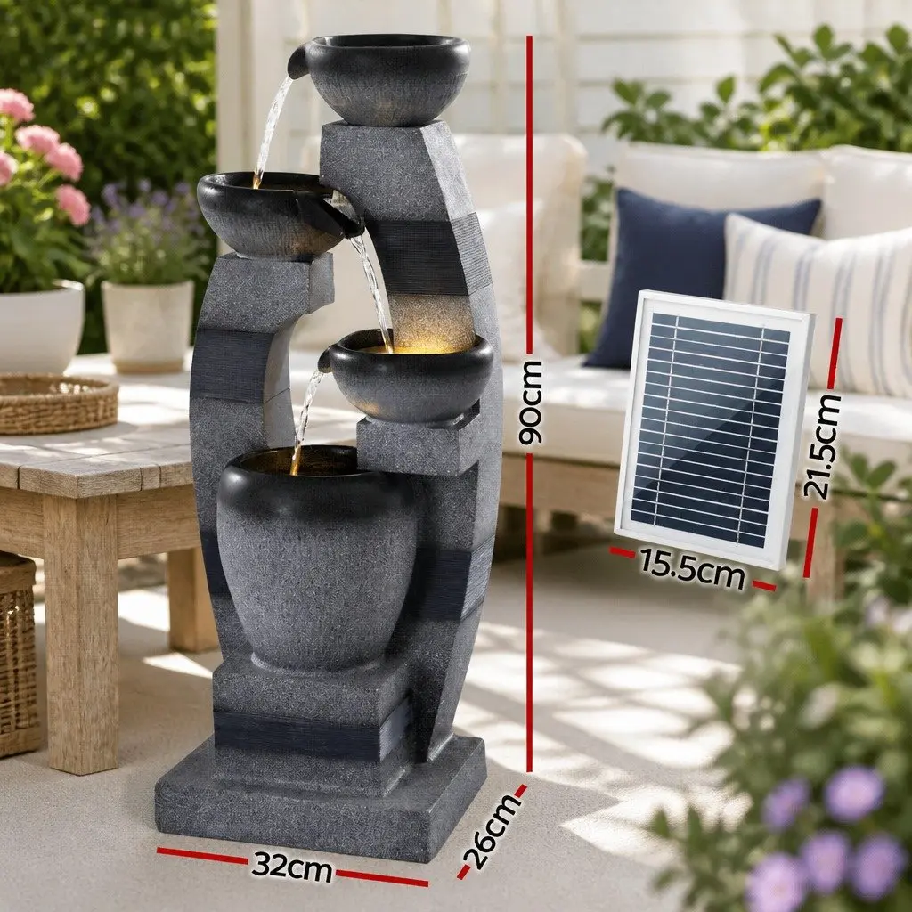 Solar Fountain Water Feature 4-Tier Cascading Indoor Outdoor Decorative Grey