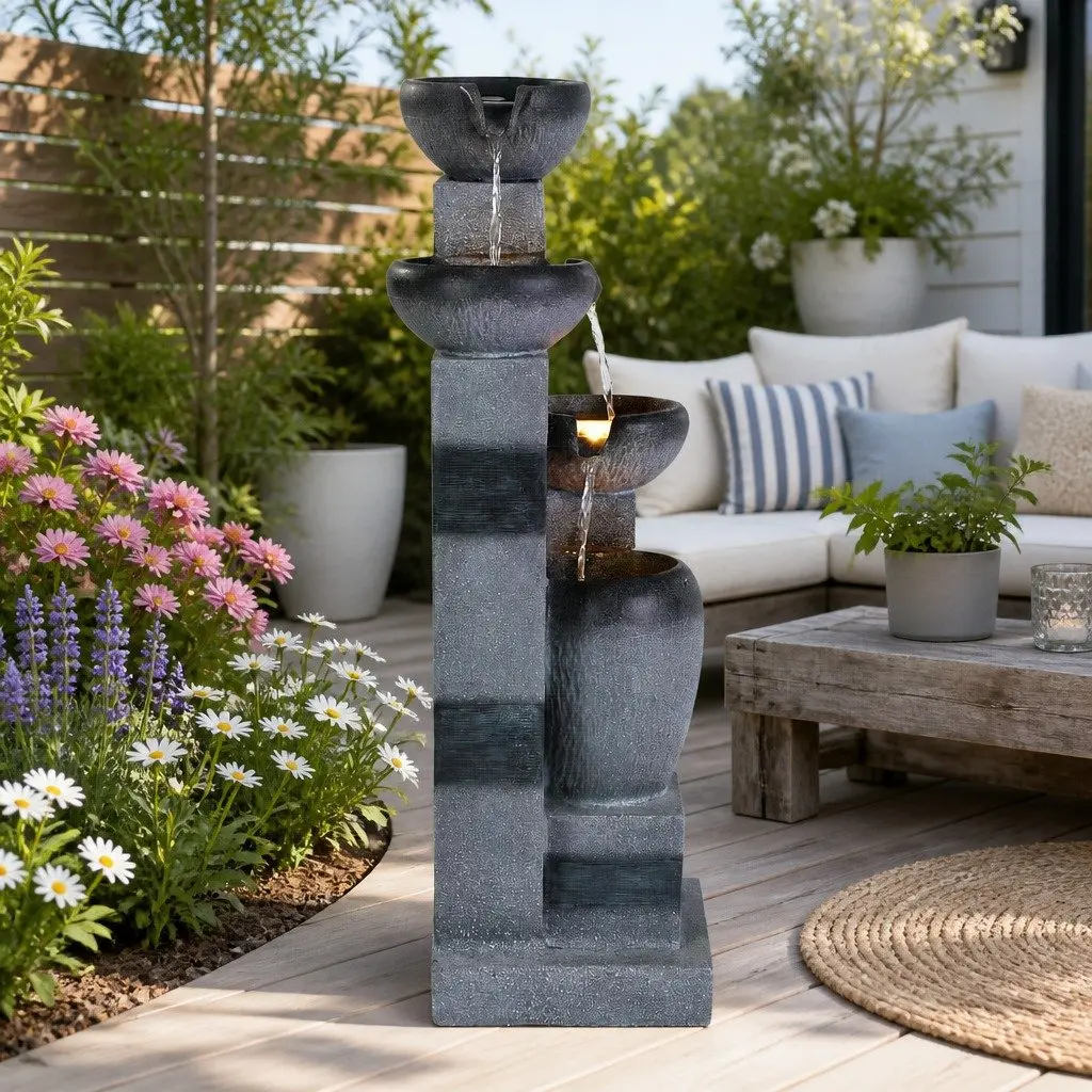 Solar Fountain Water Feature 4-Tier Cascading Indoor Outdoor Decorative Grey