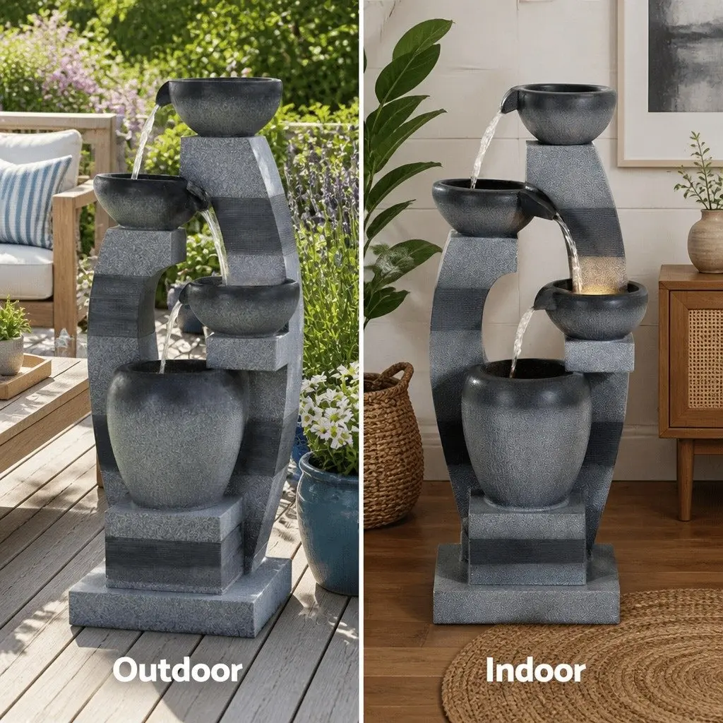 Solar Fountain Water Feature 4-Tier Cascading Indoor Outdoor Decorative Grey
