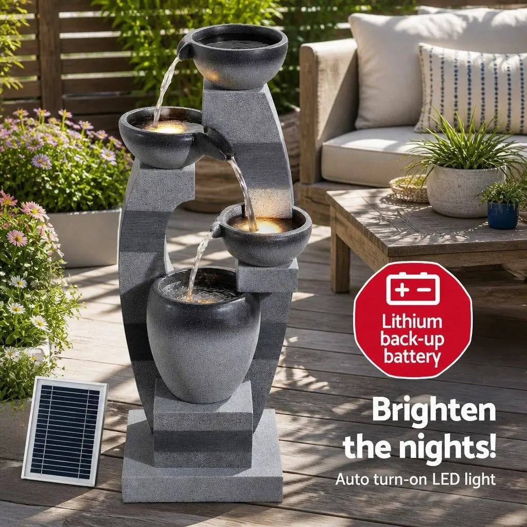 Solar Fountain Water Feature 4-Tier Cascading Indoor Outdoor Decorative Grey