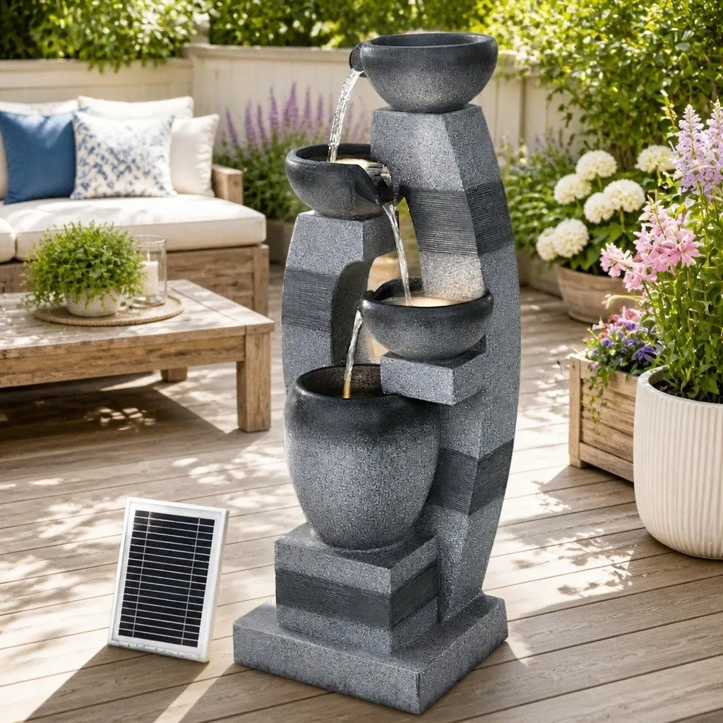 Solar Fountain Water Feature 4-Tier Cascading Indoor Outdoor Decorative Grey