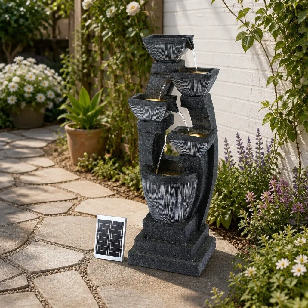 5-Tier Cascading Solar Fountain Black Indoor Outdoor Garden Decoration