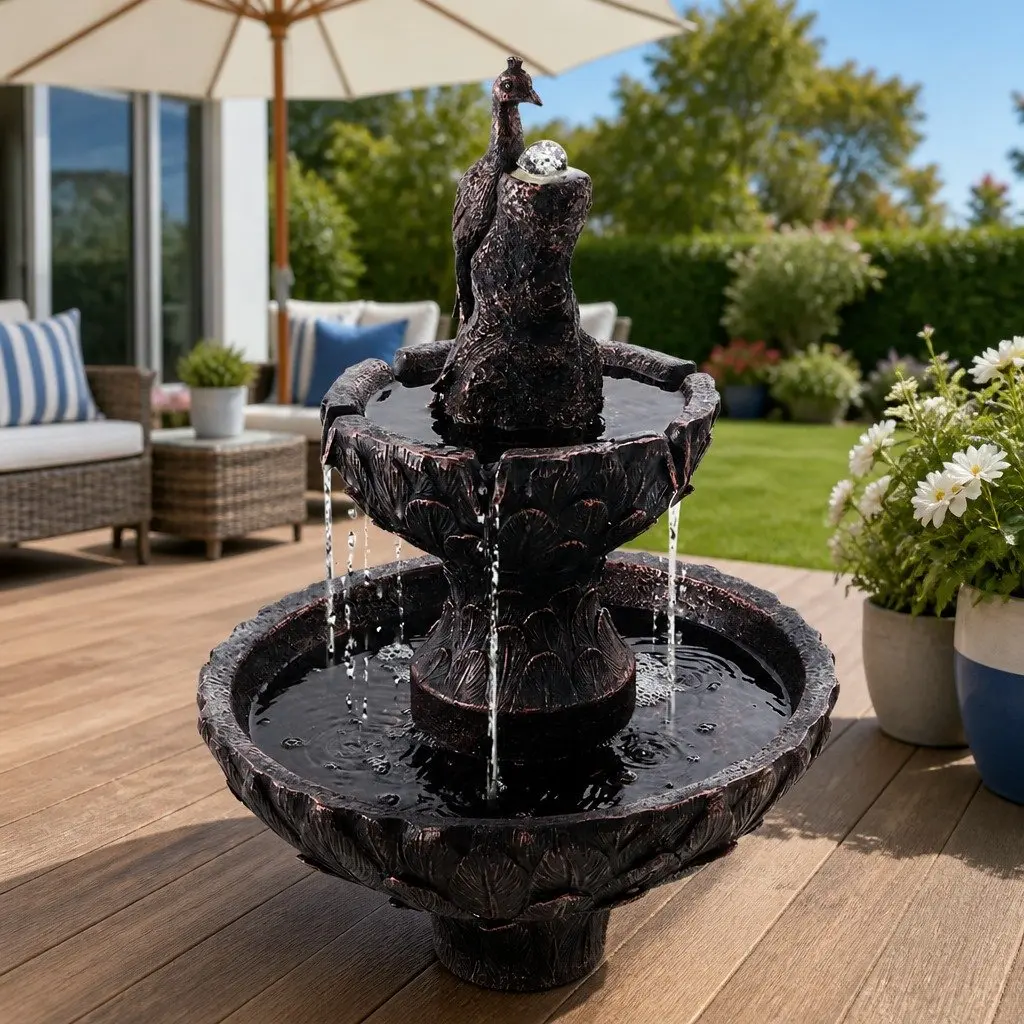 Solar Fountain Brown 106CM 3-Tier Bird Bath with Cascading Waterfall