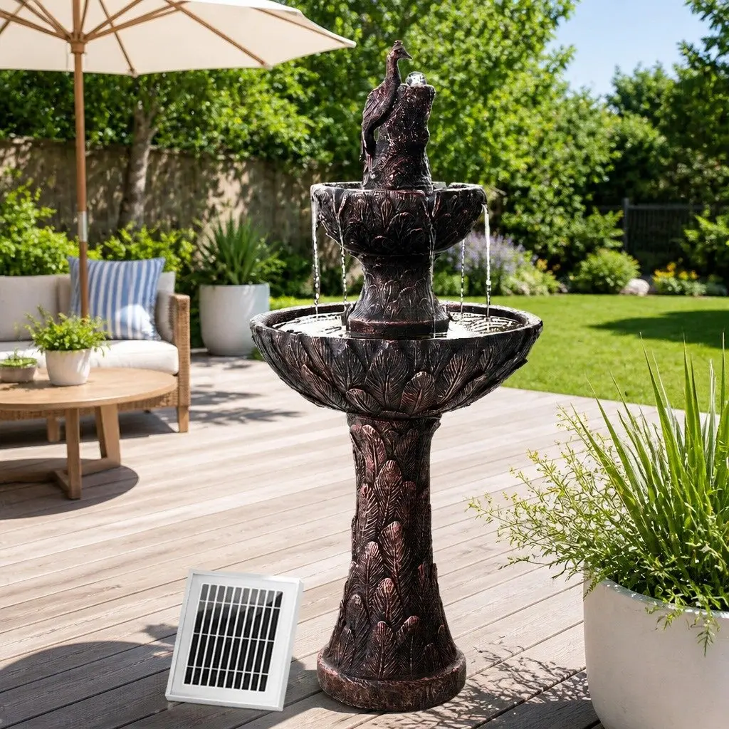 Solar Fountain Brown 106CM 3-Tier Bird Bath with Cascading Waterfall