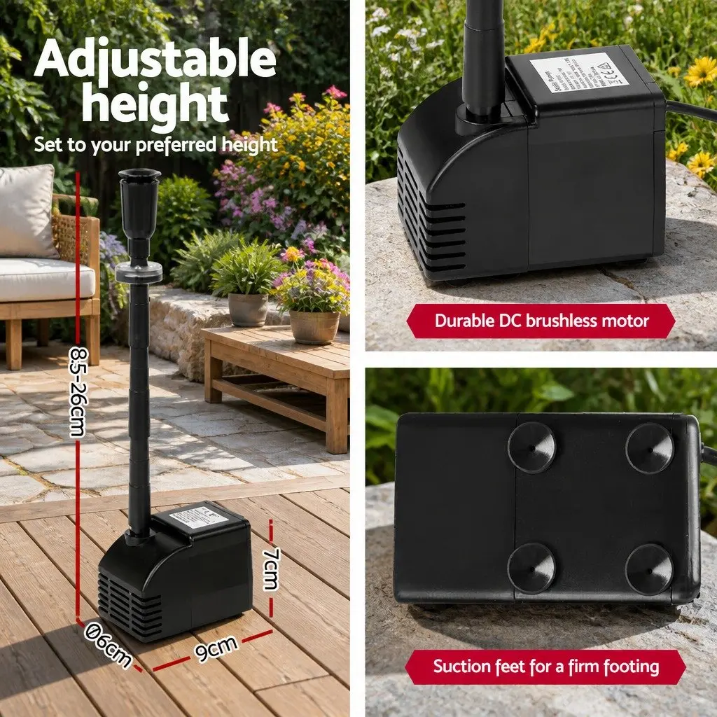 Solar Pond Pump Black 6.6FT Lift Submersible Water Fountain with LED Lights Battery Kit