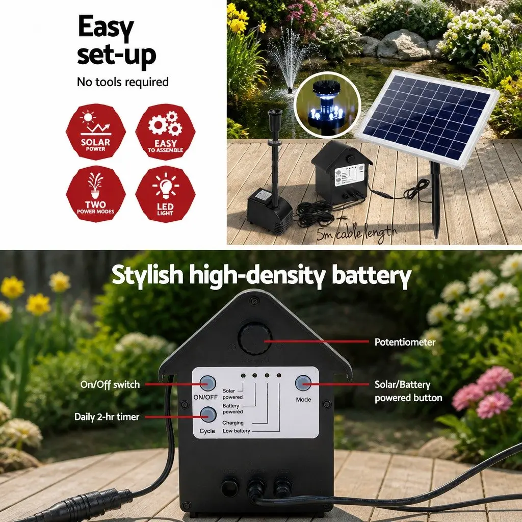 Solar Pond Pump Black 6.6FT Lift Submersible Water Fountain with LED Lights Battery Kit