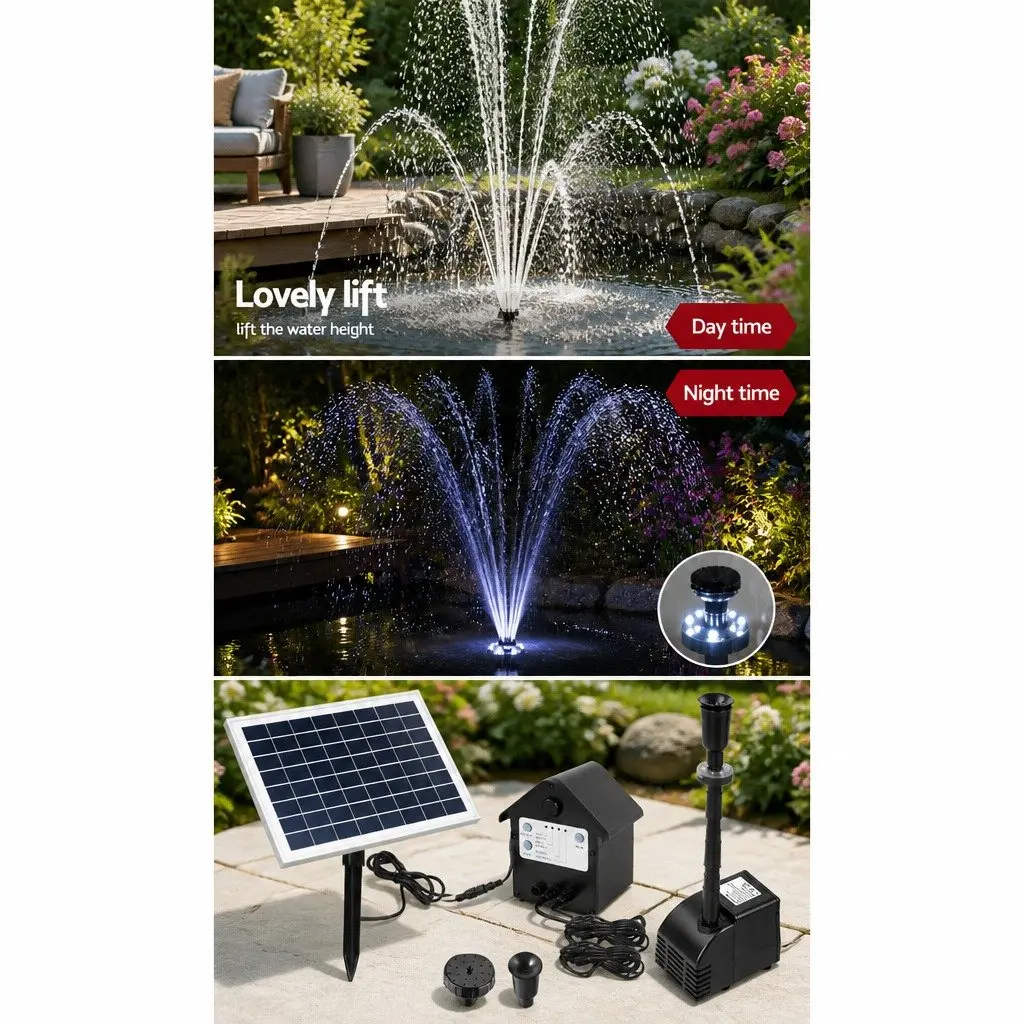 Solar Pond Pump Black 6.6FT Lift Submersible Water Fountain with LED Lights Battery Kit
