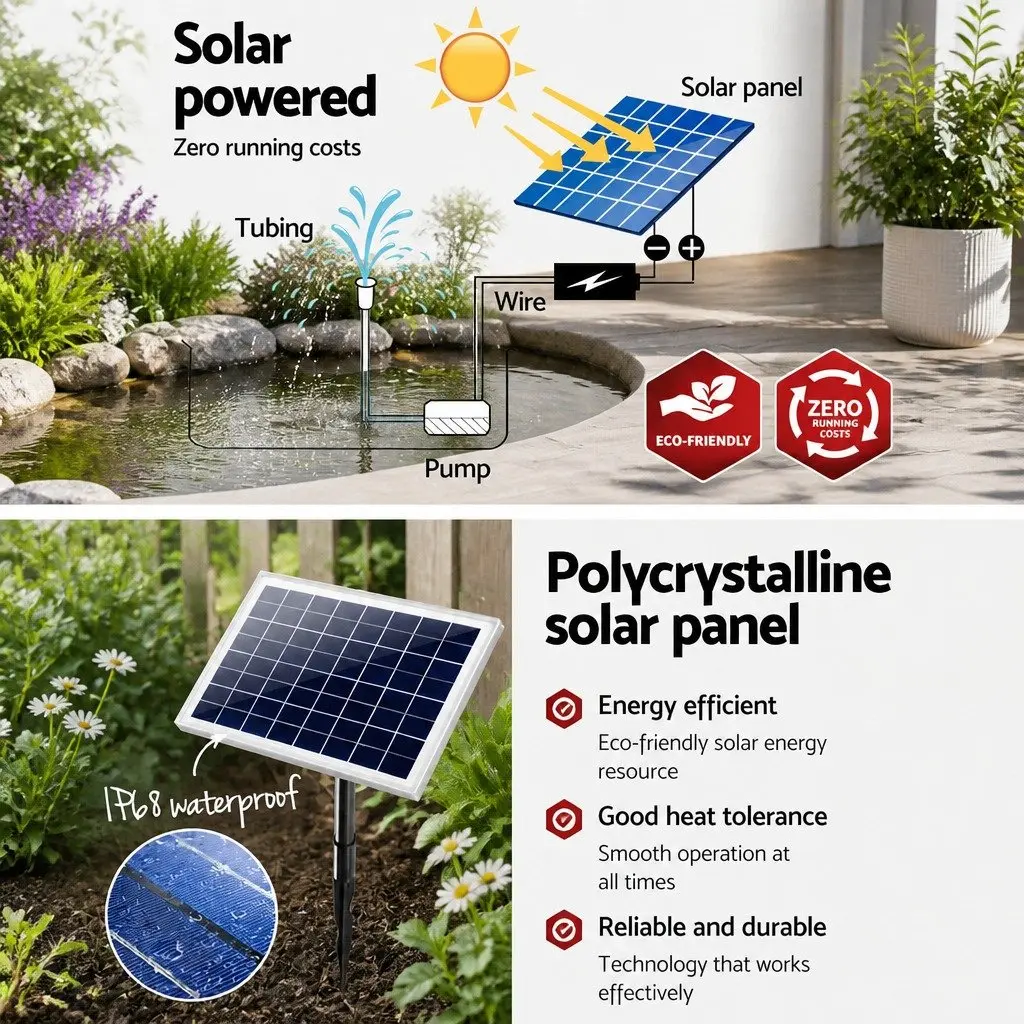 Solar Pond Pump Black 6.6FT Lift Submersible Water Fountain with LED Lights Battery Kit