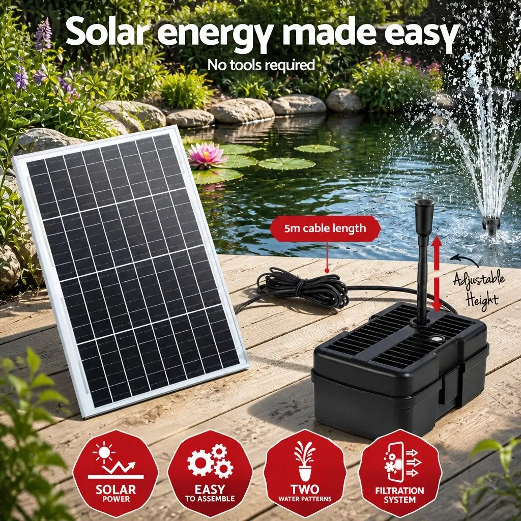 Solar Submersible Fountain Pump Black 1190L/H Solar Powered with Adjustable Spray Height