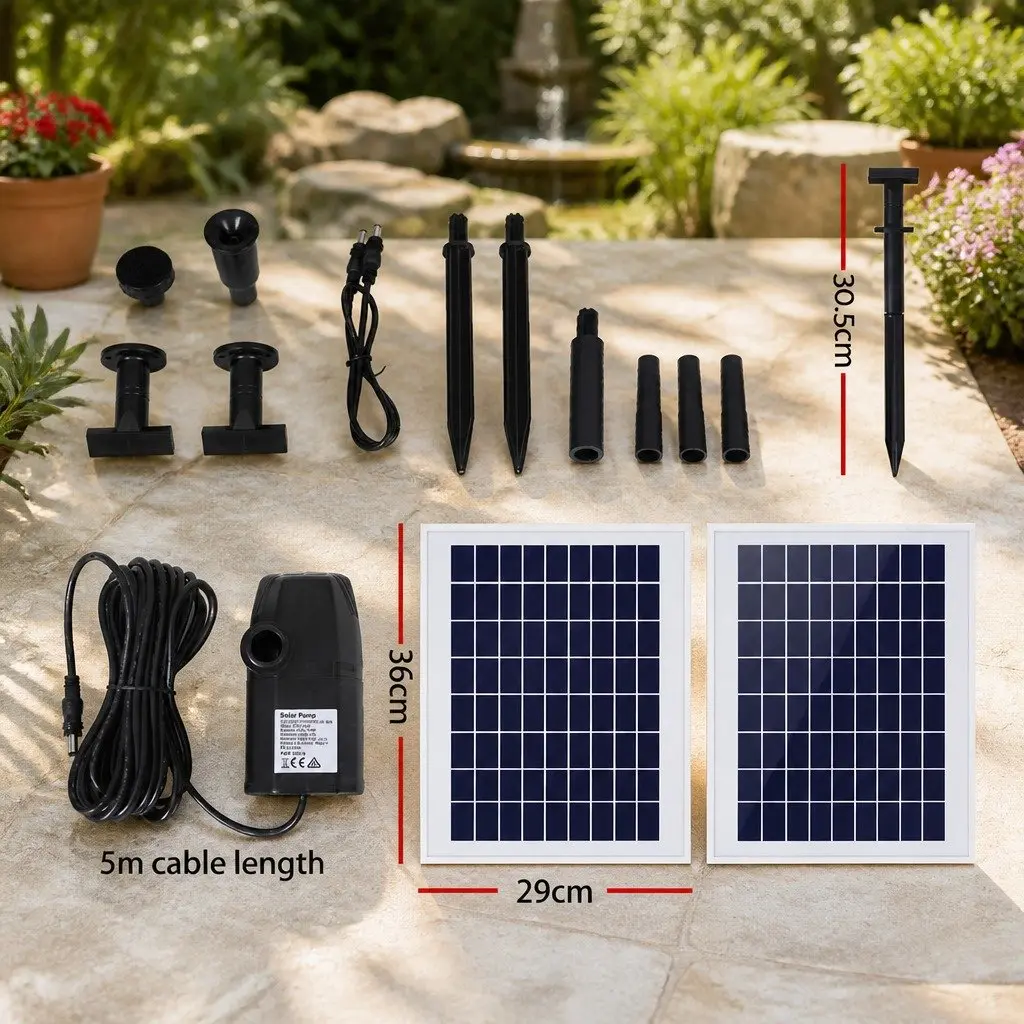 Solar Pond Pump Black Submersible 1600L/H Adjustable Height with Two Solar Panels
