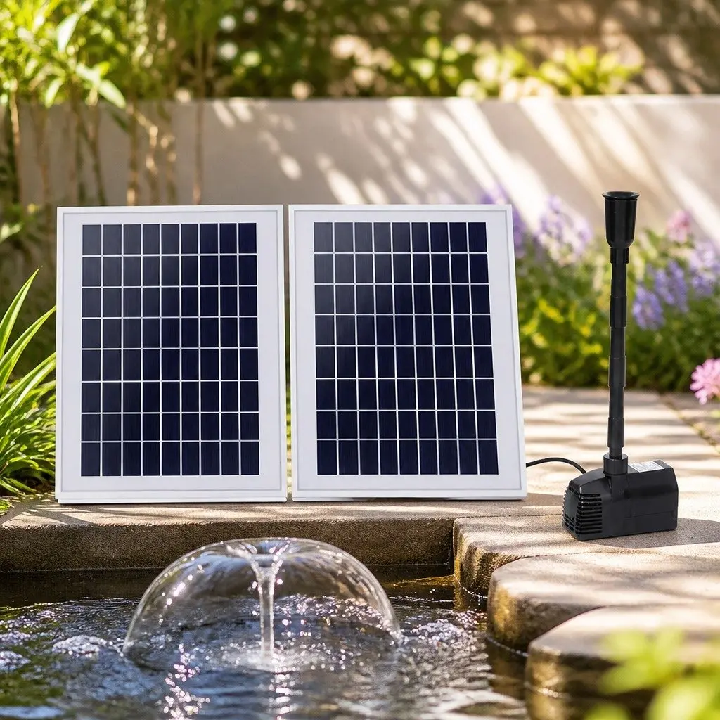 Solar Pond Pump Black Submersible 1600L/H Adjustable Height with Two Solar Panels
