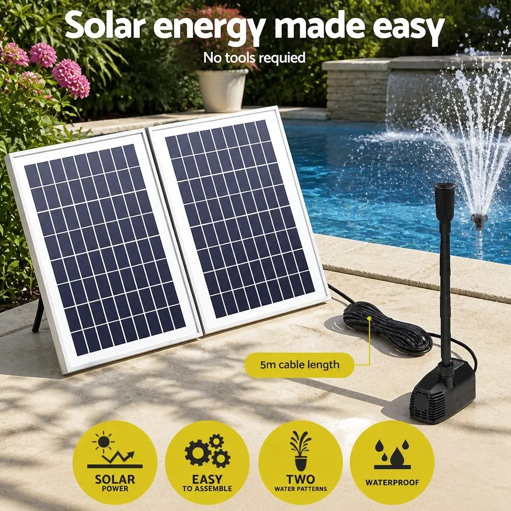 Solar Pond Pump Black Submersible 1600L/H Adjustable Height with Two Solar Panels