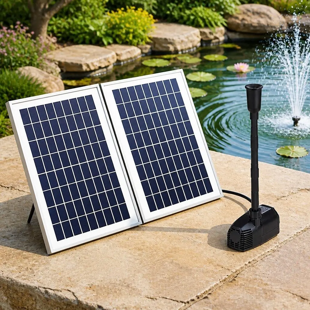 Solar Pond Pump Black Submersible 1600L/H Adjustable Height with Two Solar Panels
