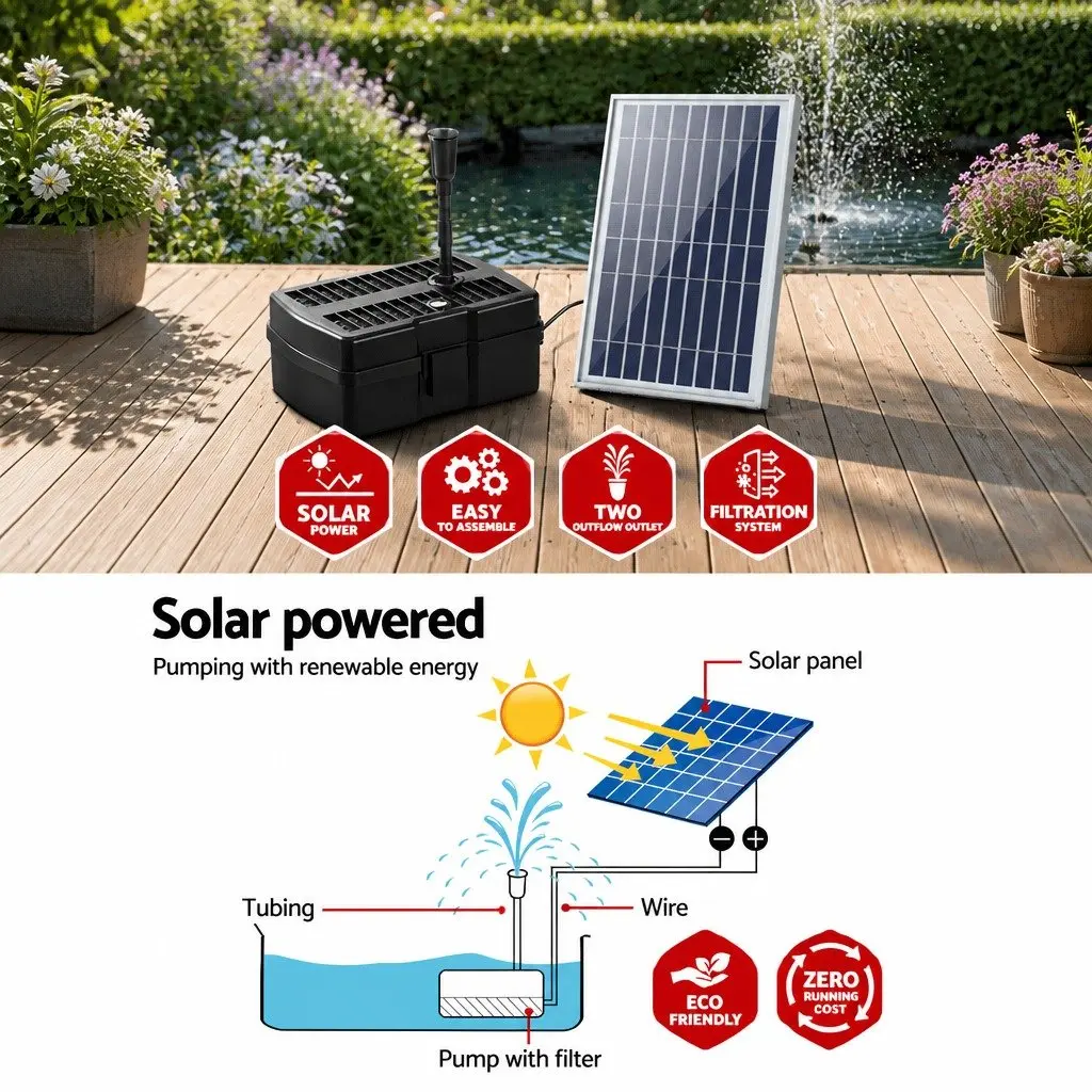Solar Pond Pump Black Submersible 6.6FT Water Fountain with Two-Stage Filtration System