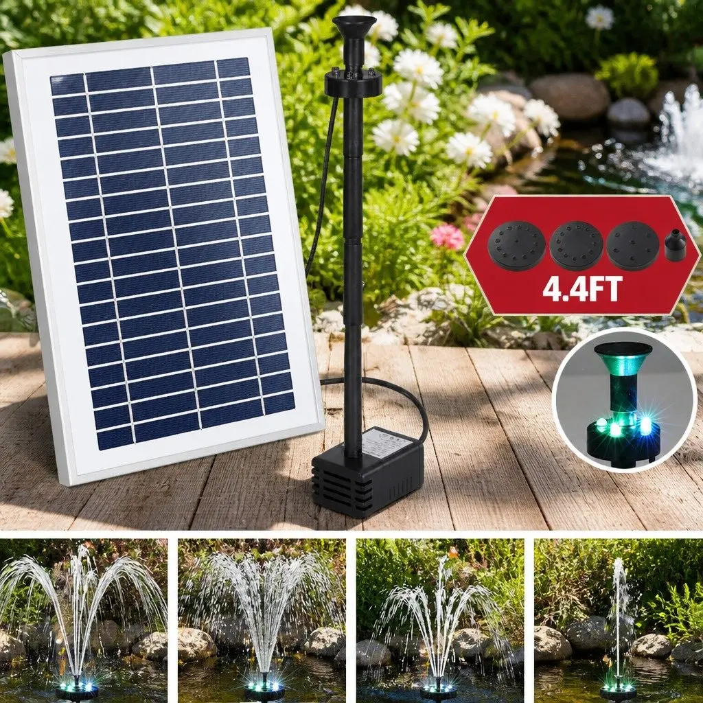 Solar Pond Pump Black 4.4FT Submersible Fountain with LED Lights and Remote Control