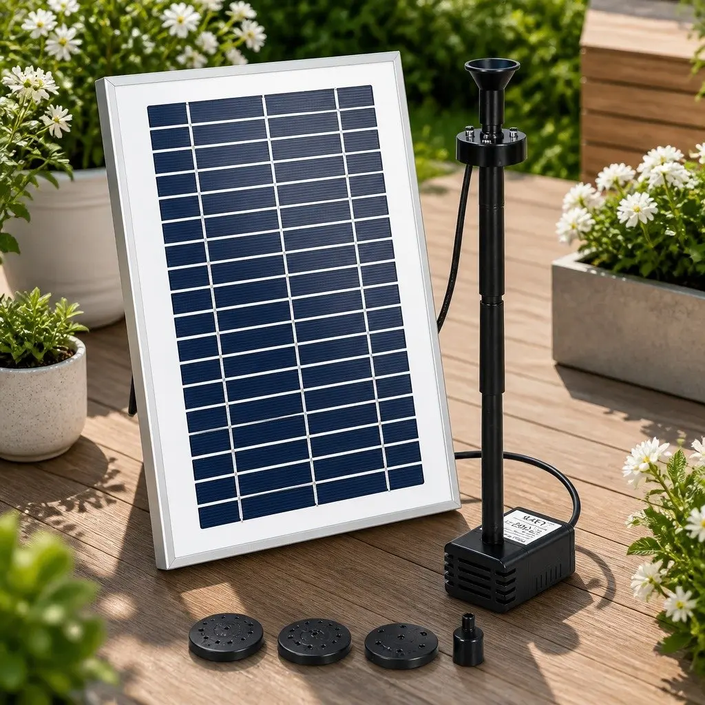 Solar Pond Pump Black 4.4FT Submersible Fountain with LED Lights and Remote Control