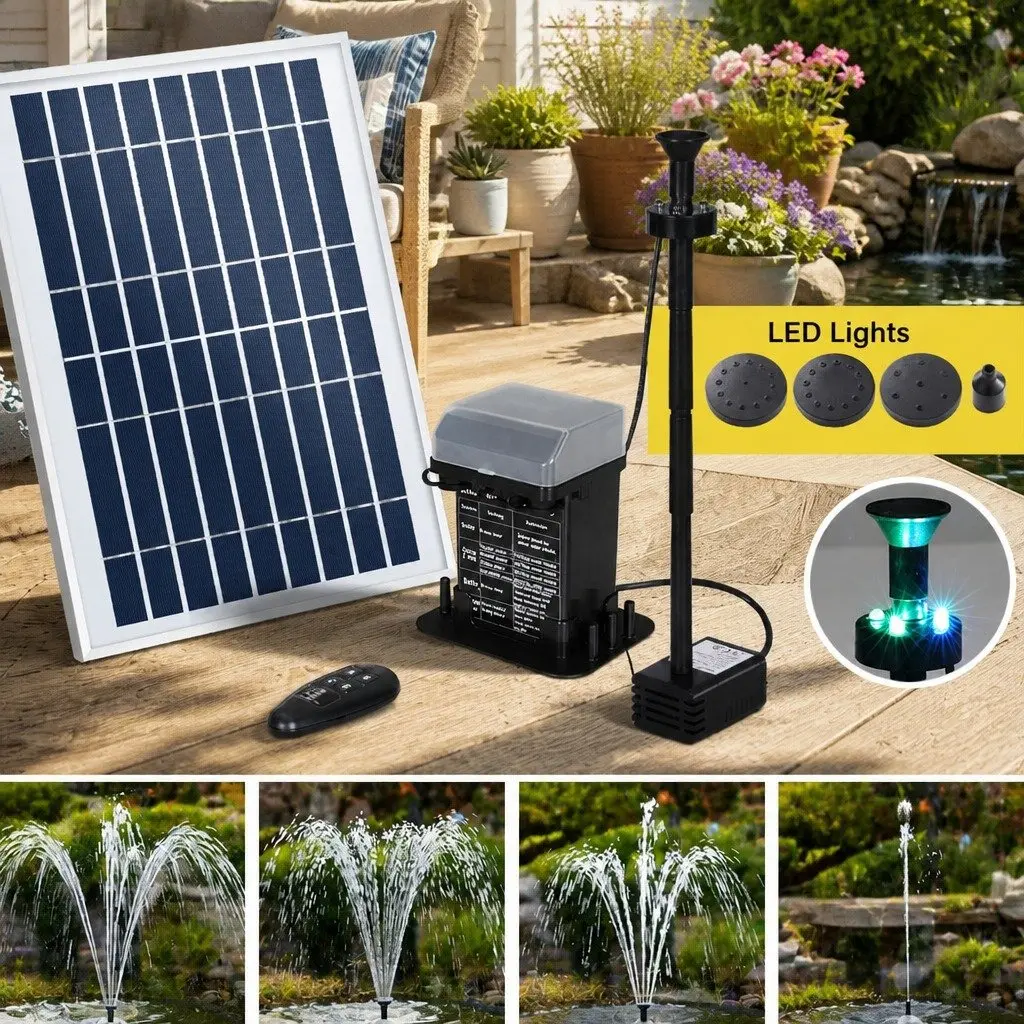 Solar Pond Pump Black Submersible 270L/H with Backup Battery LED Lights