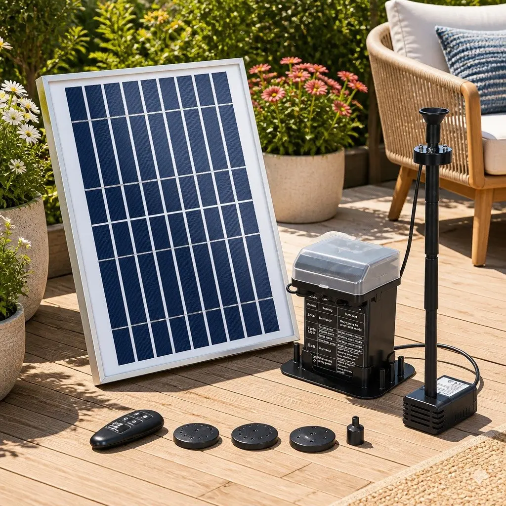 Solar Pond Pump Black Submersible 270L/H with Backup Battery LED Lights