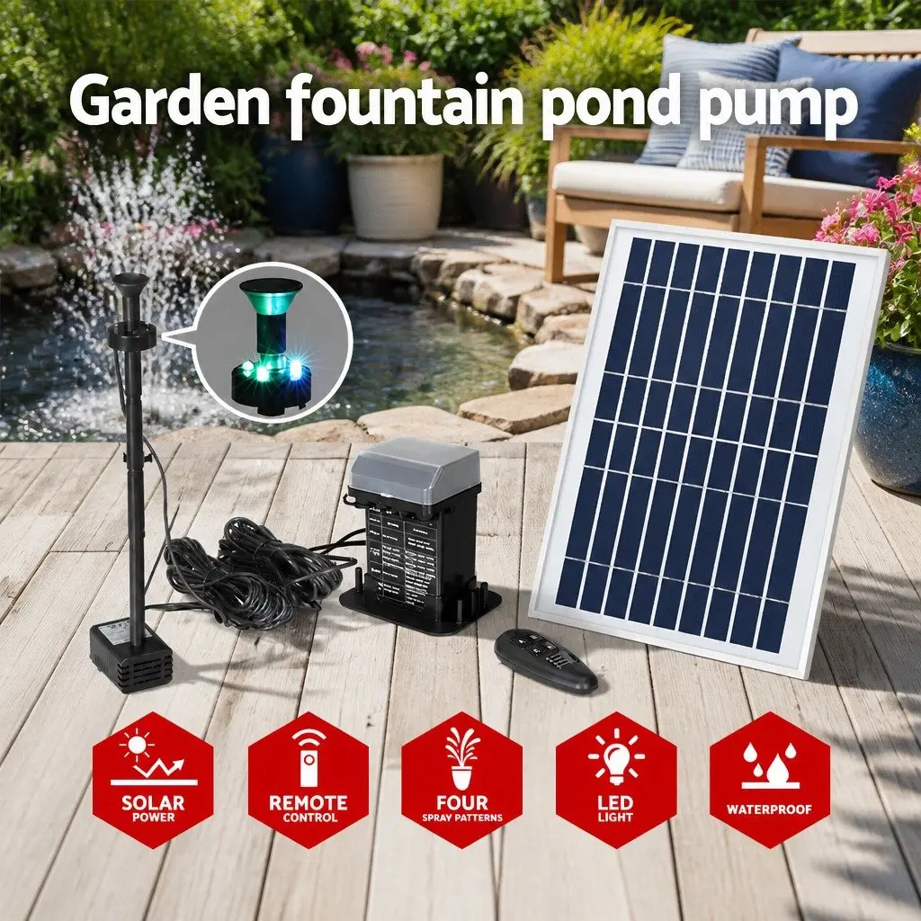 Solar Pond Pump Black Submersible 270L/H with Backup Battery LED Lights
