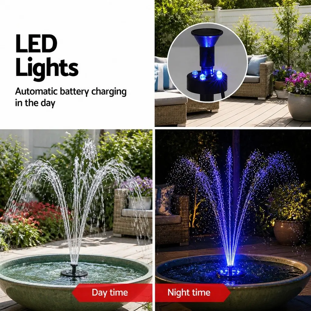 Solar Pond Pump Black Submersible 270L/H with Backup Battery LED Lights