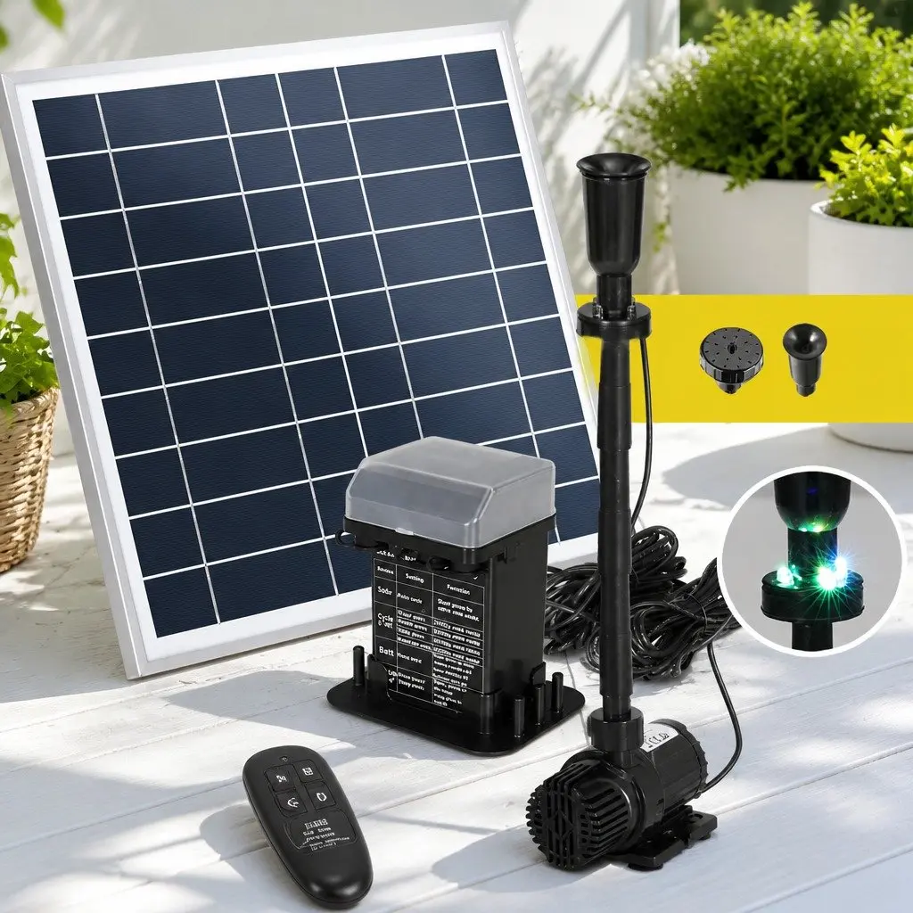 Solar Pond Pump Fountain Black 9.8FT Adjustable Height with LED Lights and Battery Backup