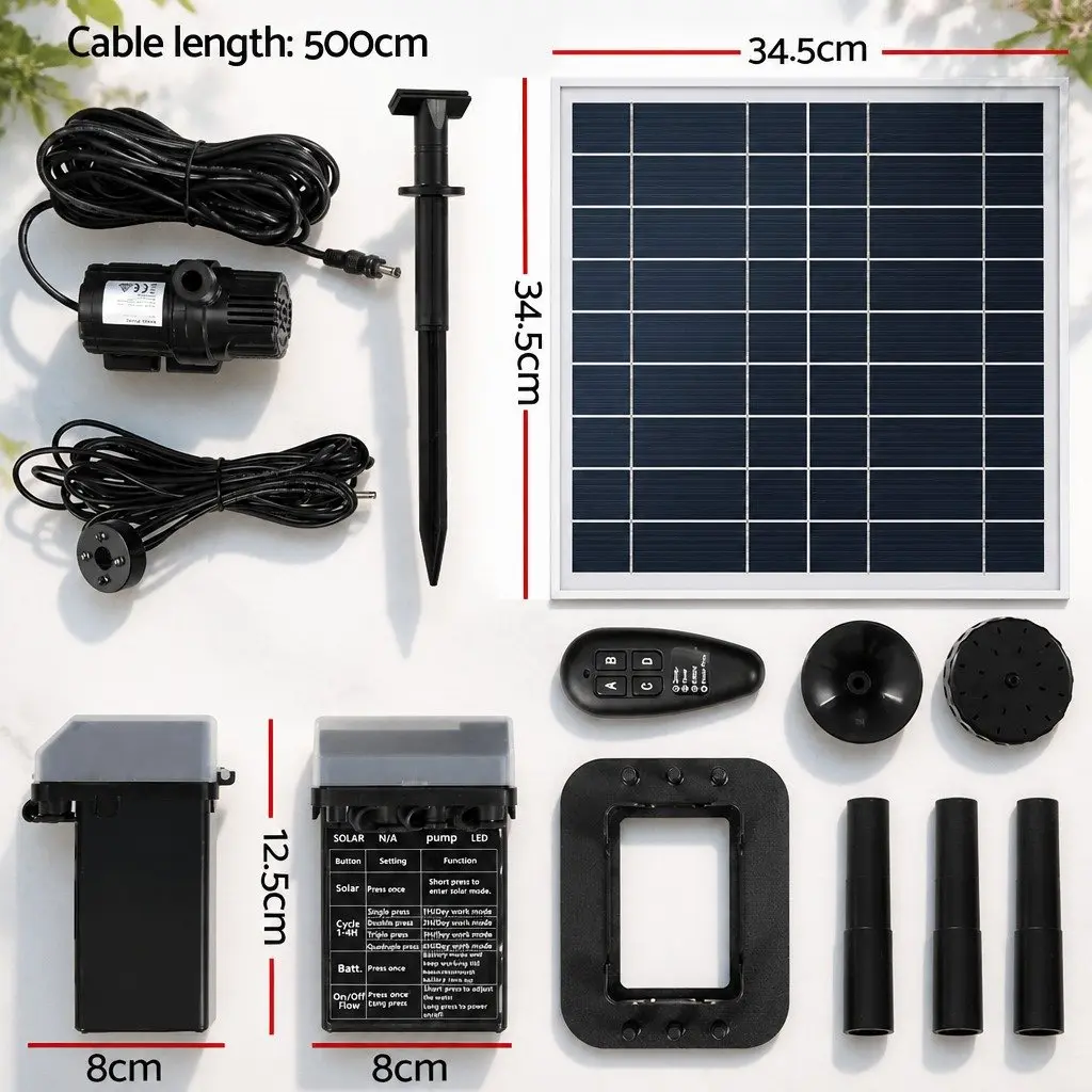 Solar Pond Pump Fountain Black 9.8FT Adjustable Height with LED Lights and Battery Backup
