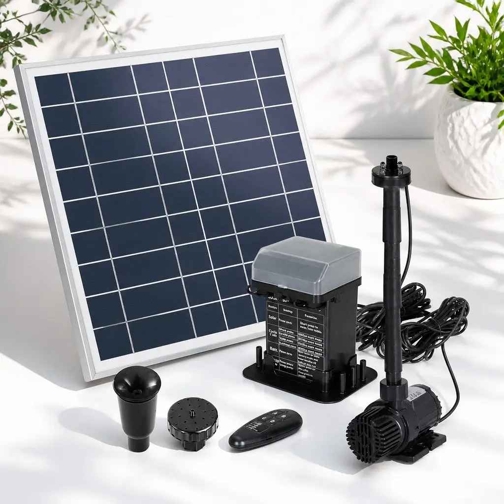 Solar Pond Pump Fountain Black 9.8FT Adjustable Height with LED Lights and Battery Backup