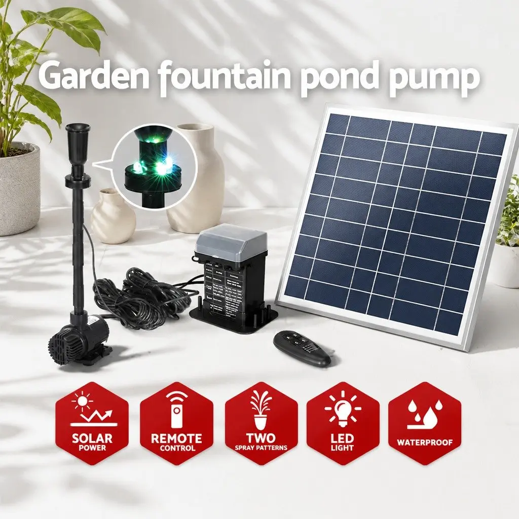 Solar Pond Pump Fountain Black 9.8FT Adjustable Height with LED Lights and Battery Backup