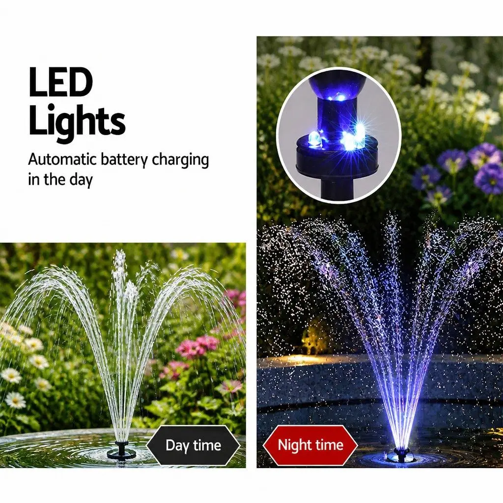 Solar Pond Pump Fountain Black 9.8FT Adjustable Height with LED Lights and Battery Backup