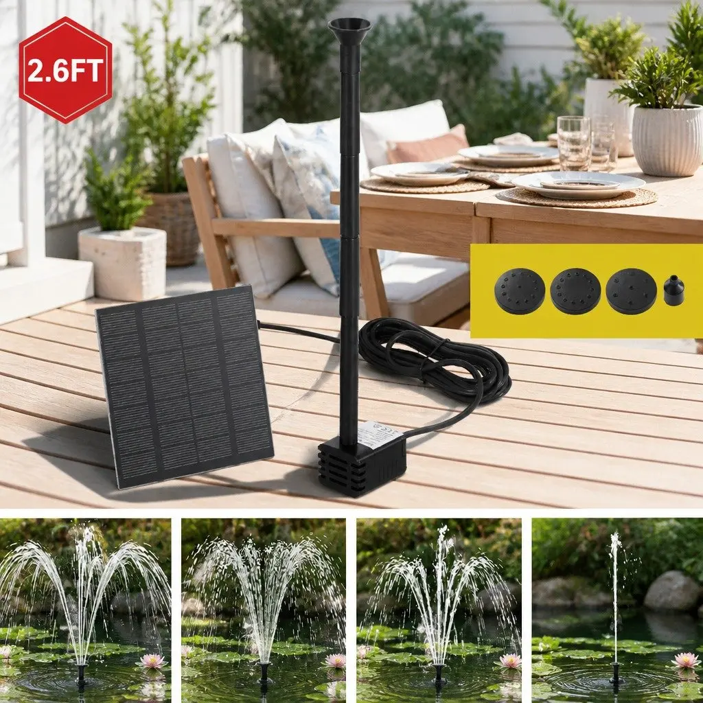 Solar Pond Pump Black Submersible Water Fountain Kit 4 Nozzle Options Adjustable Height