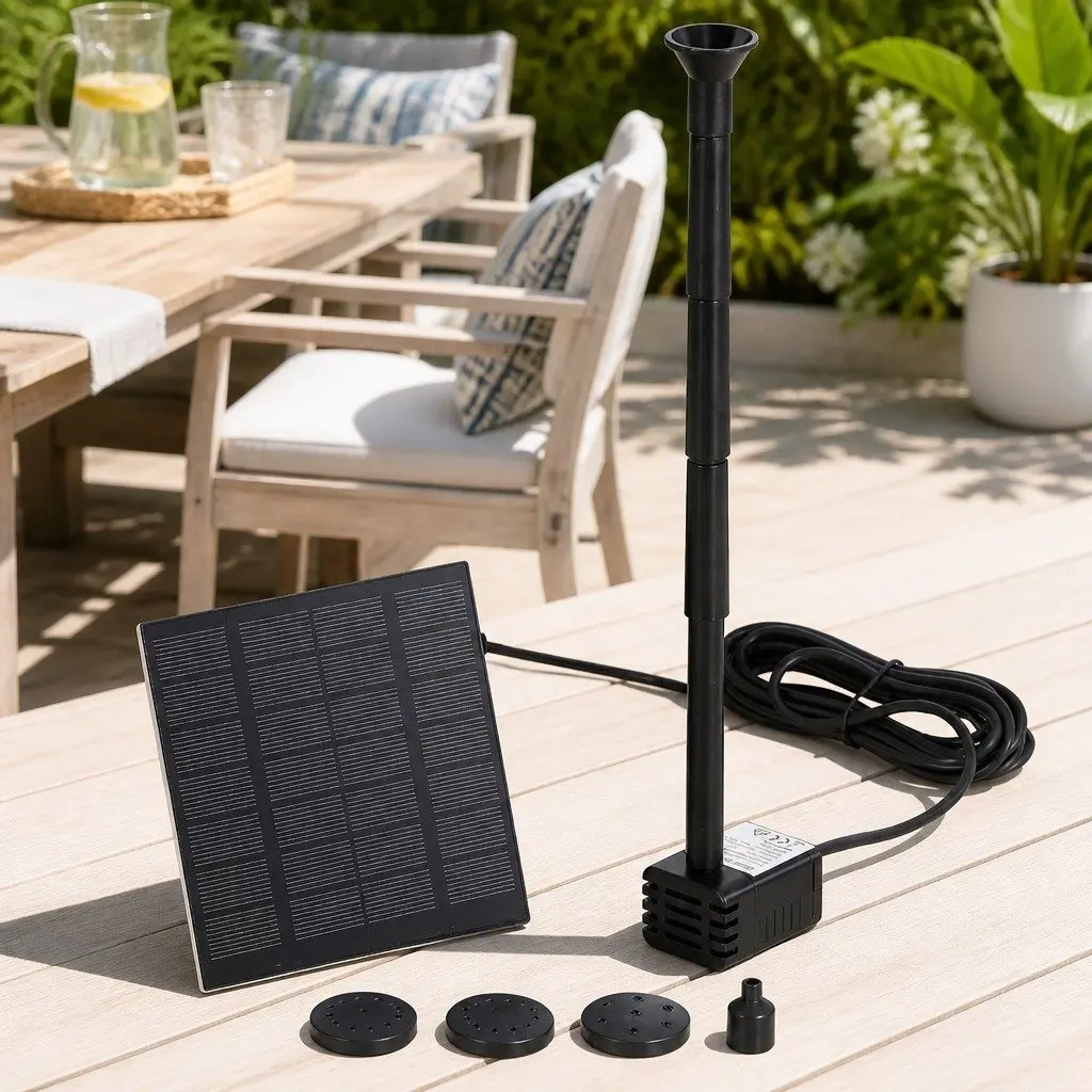 Solar Pond Pump Black Submersible Water Fountain Kit 4 Nozzle Options Adjustable Height