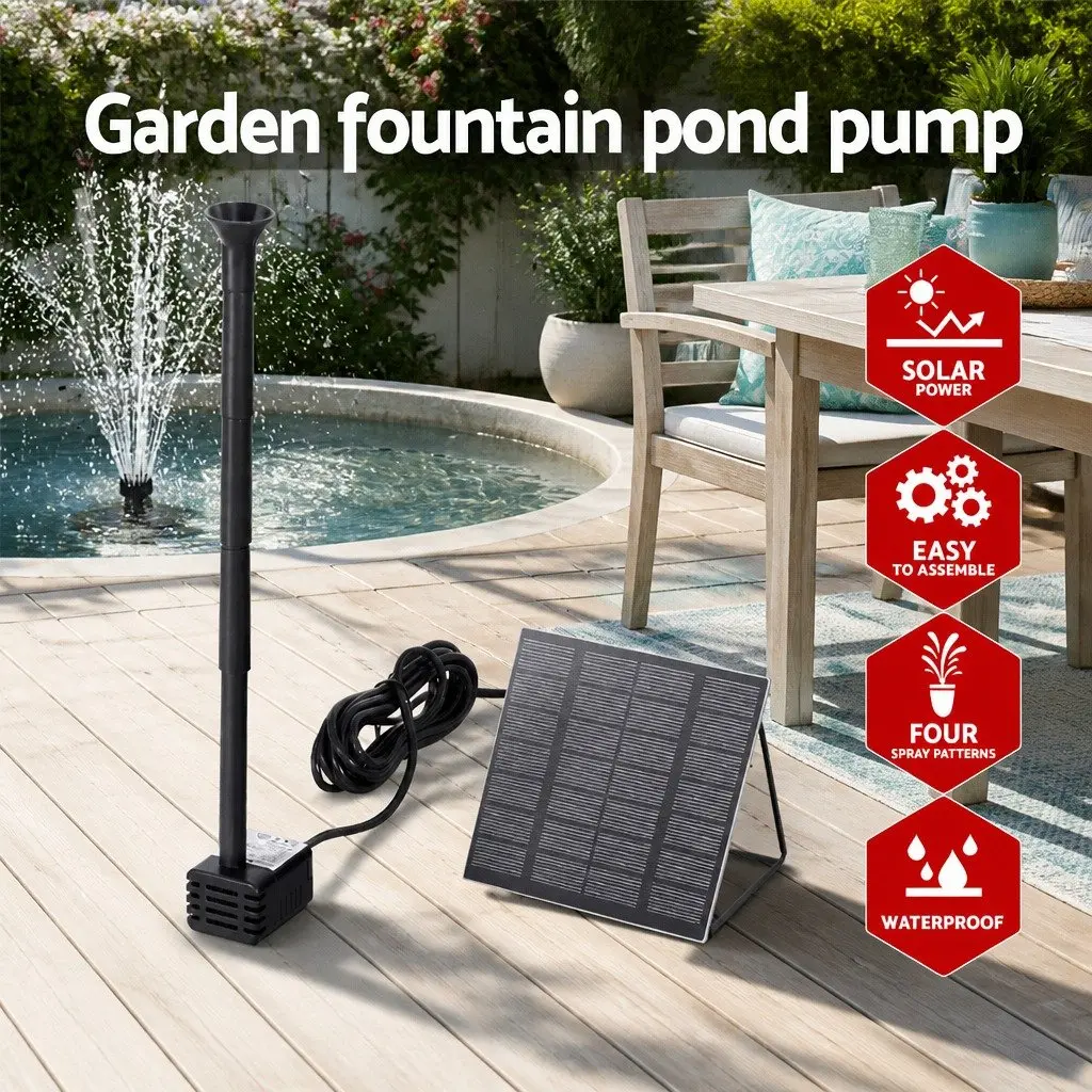 Solar Pond Pump Black Submersible Water Fountain Kit 4 Nozzle Options Adjustable Height