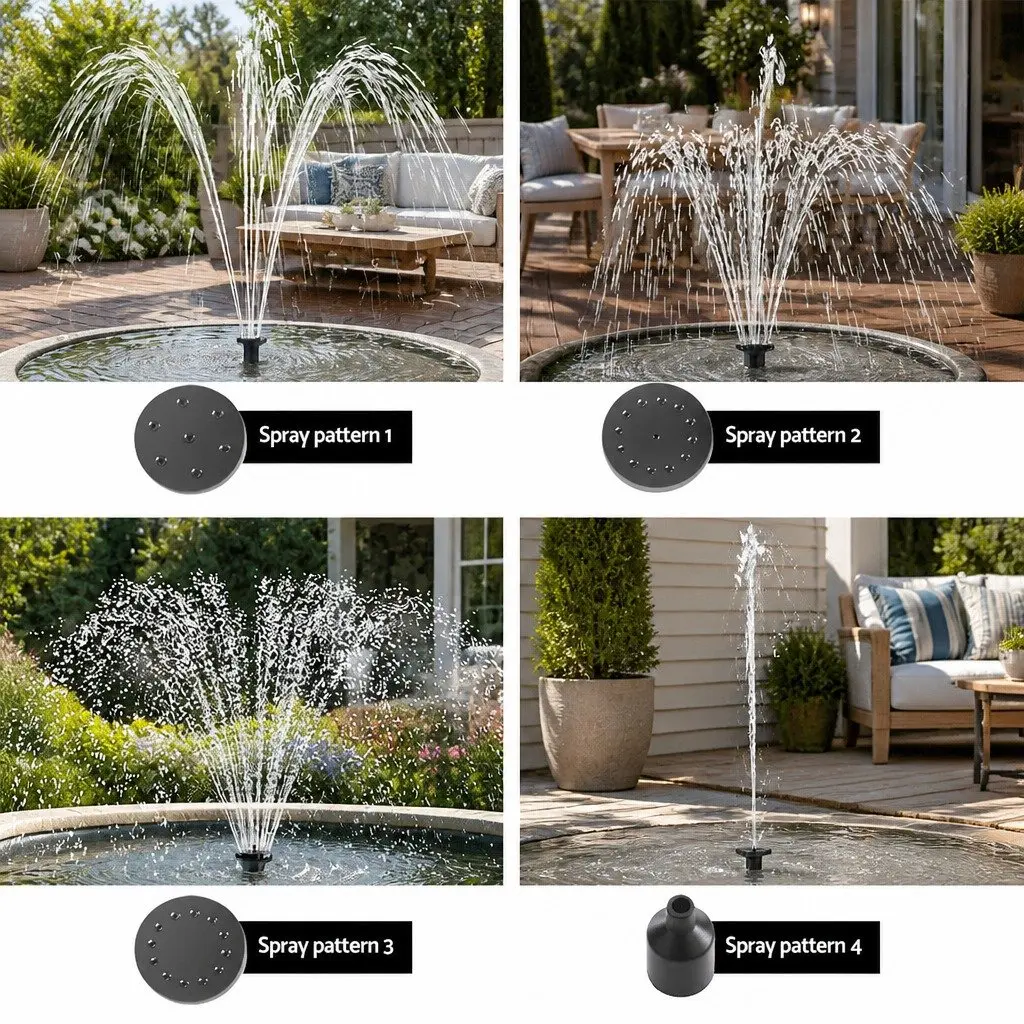 Solar Pond Pump Black Submersible Water Fountain Kit 4 Nozzle Options Adjustable Height