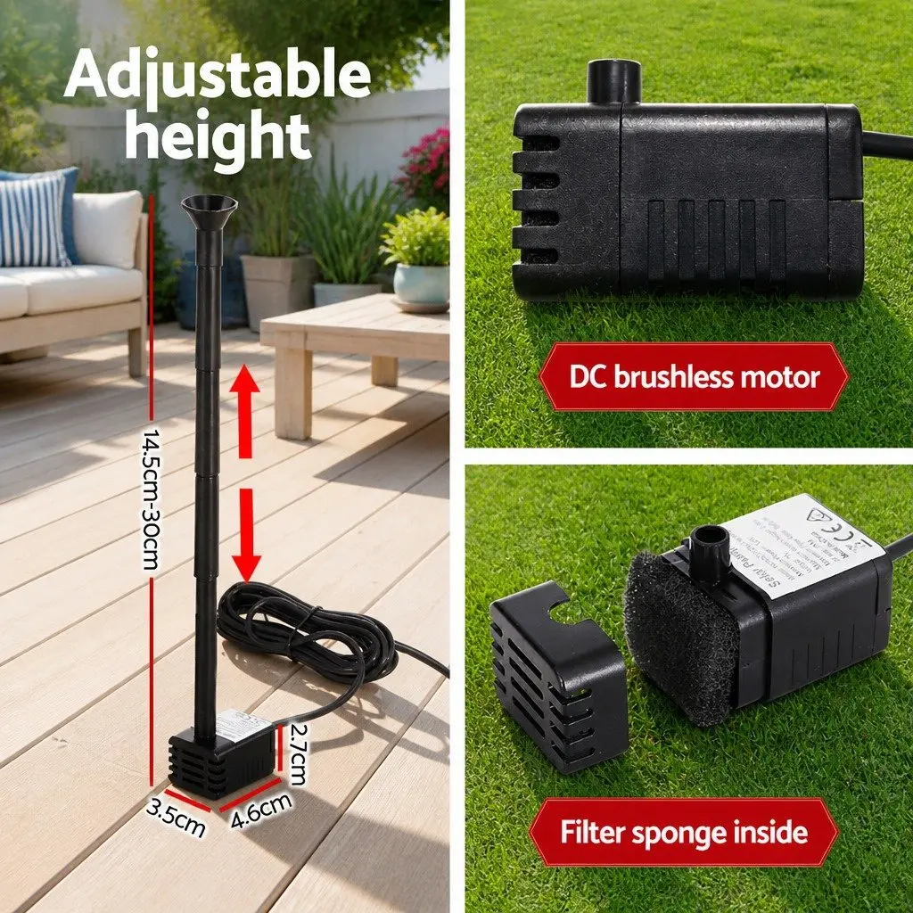 Solar Pond Pump Black Submersible Water Fountain Kit 4 Nozzle Options Adjustable Height