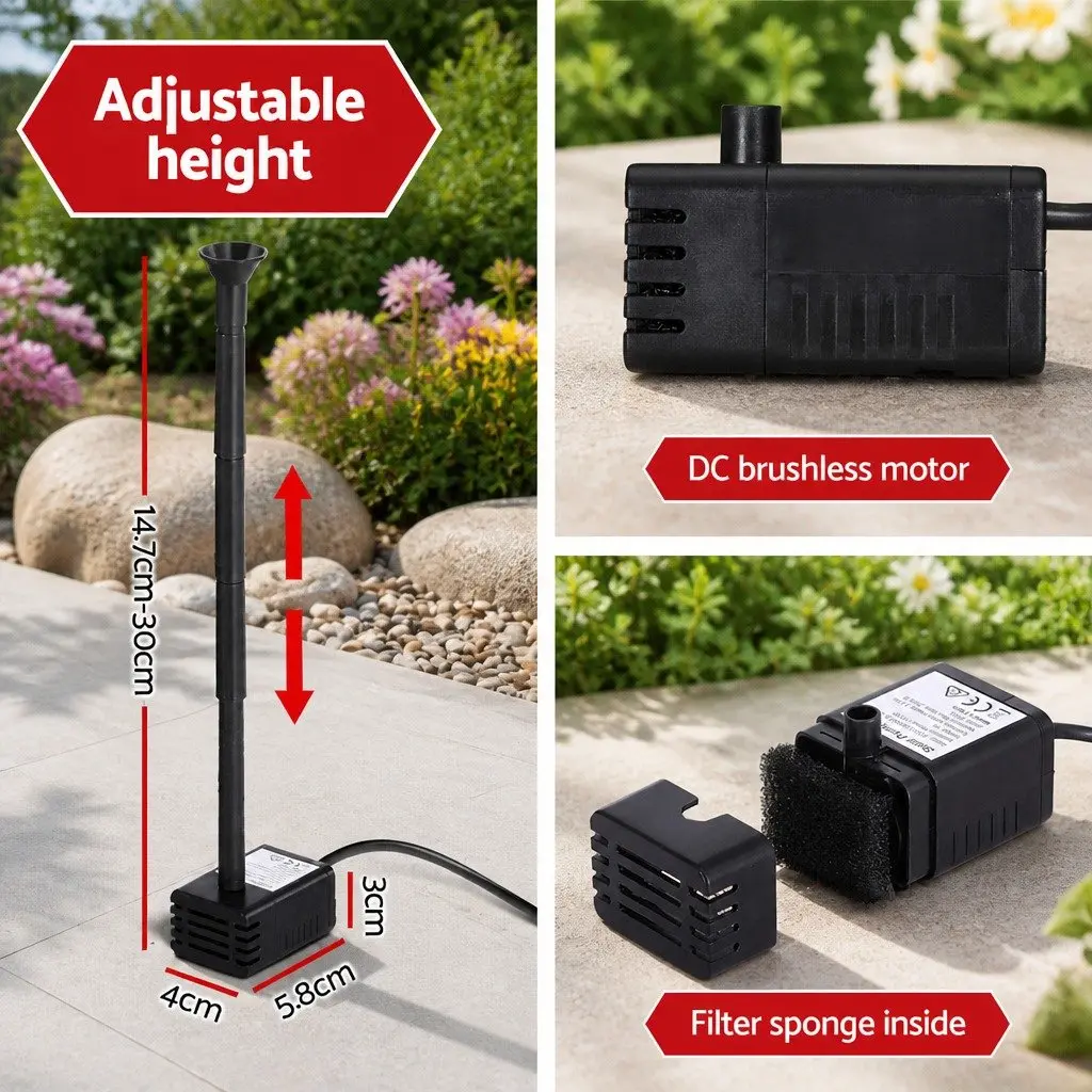 Solar Pond Pump Black 4.4FT Submersible Water Fountain Kit with Adjustable Height and 4 Nozzle Options