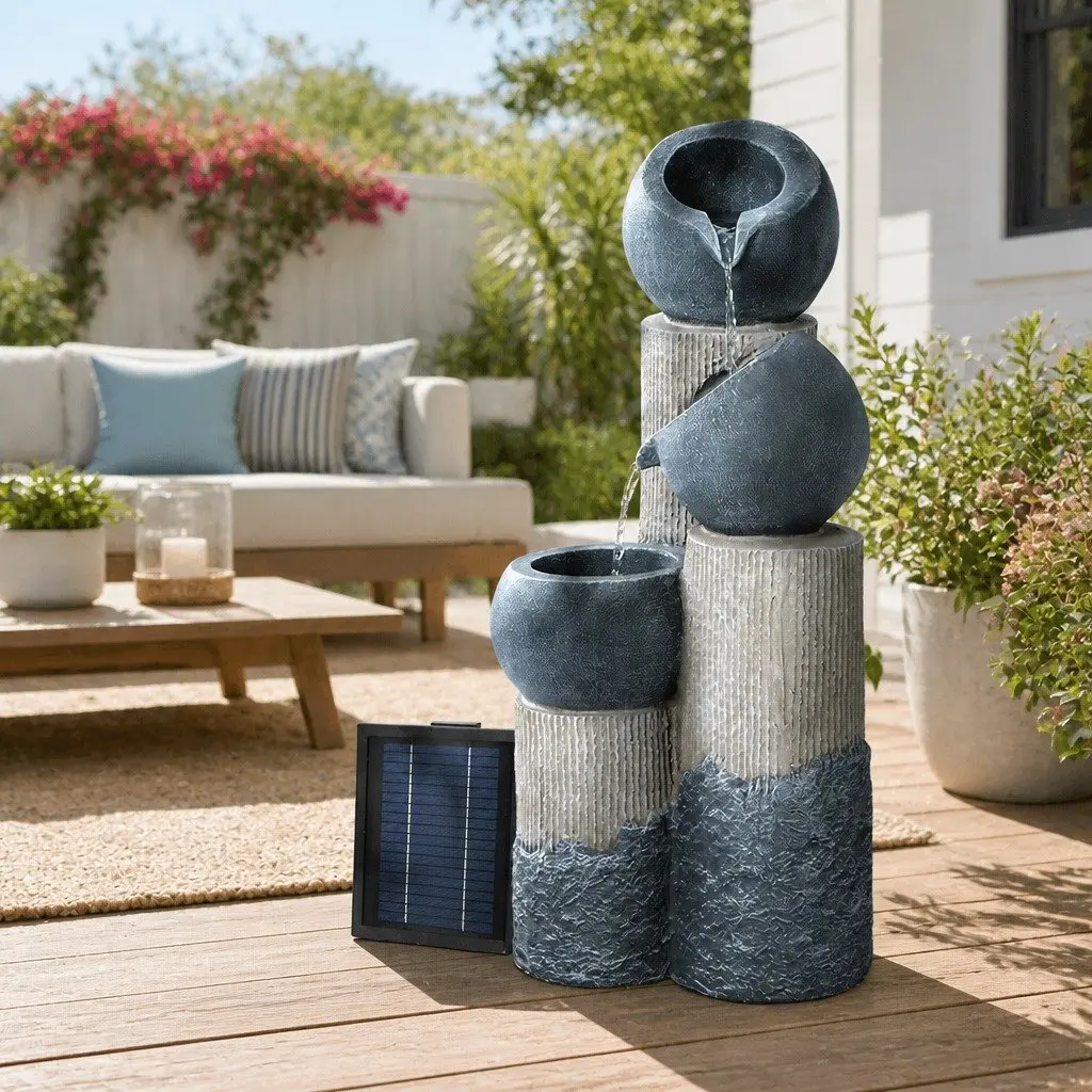 Solar Water Fountain Grey 3-Tier Cascading Pot with LED Lights for Garden Outdoor Indoor
