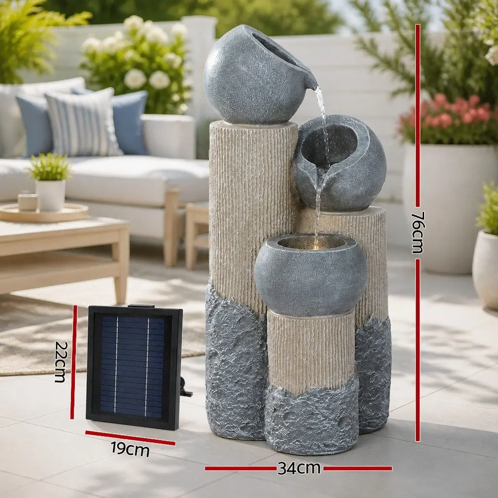 Solar Water Fountain Grey 3-Tier Cascading Pot with LED Lights for Garden Outdoor Indoor