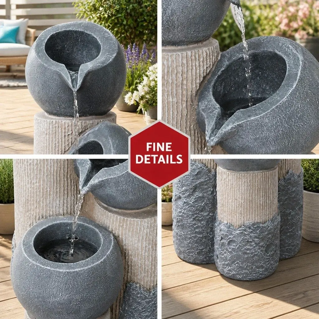 Solar Water Fountain Grey 3-Tier Cascading Pot with LED Lights for Garden Outdoor Indoor