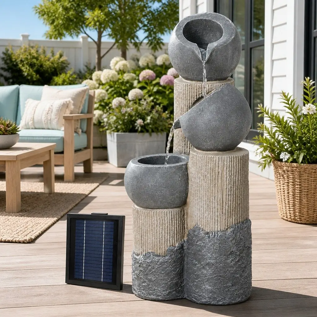 Solar Water Fountain Grey 3-Tier Cascading Pot with LED Lights for Garden Outdoor Indoor