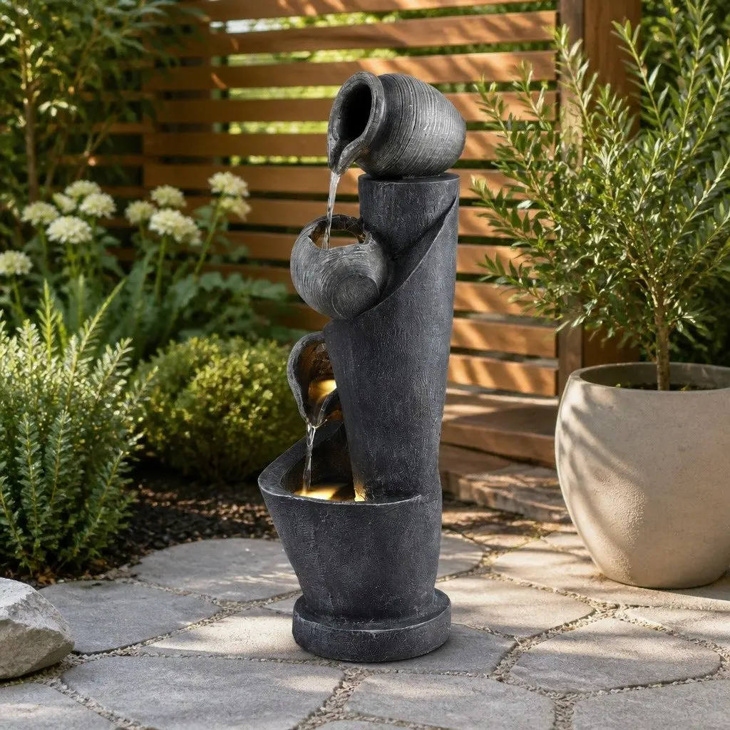 Solar Cascading Fountain 3-Tier Pot Water Feature LED Lights Garden Outdoor 80CM