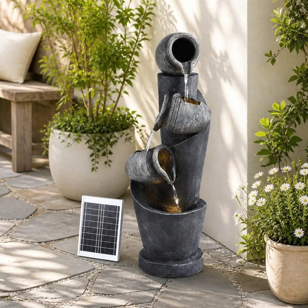 Solar Cascading Fountain 3-Tier Pot Water Feature LED Lights Garden Outdoor 80CM