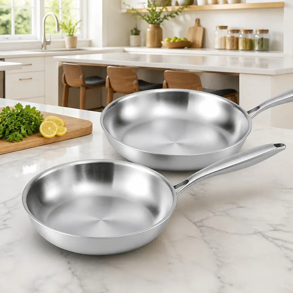 Stainless Steel Frying Pan Set Silver 25cm 30cm Tri-Ply Construction Uncoated Interior