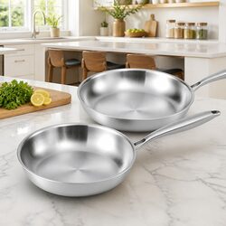 Stainless Steel Frying Pan Set 25cm 30cm Twin Skillet Uncoated Silver Kitchen