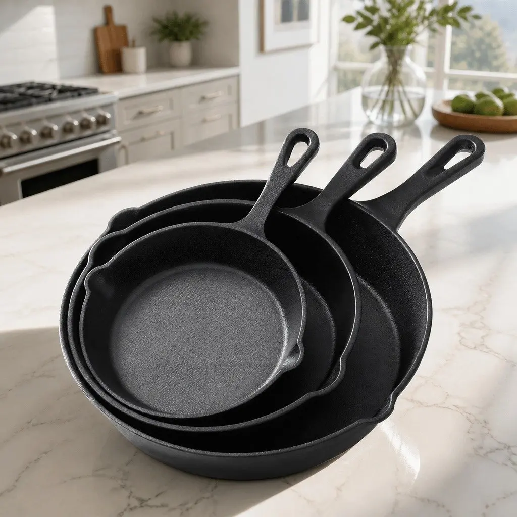 Cast Iron Frying Pan Set 3 Piece Non Stick Cookware Skillet Kitchen Cooking