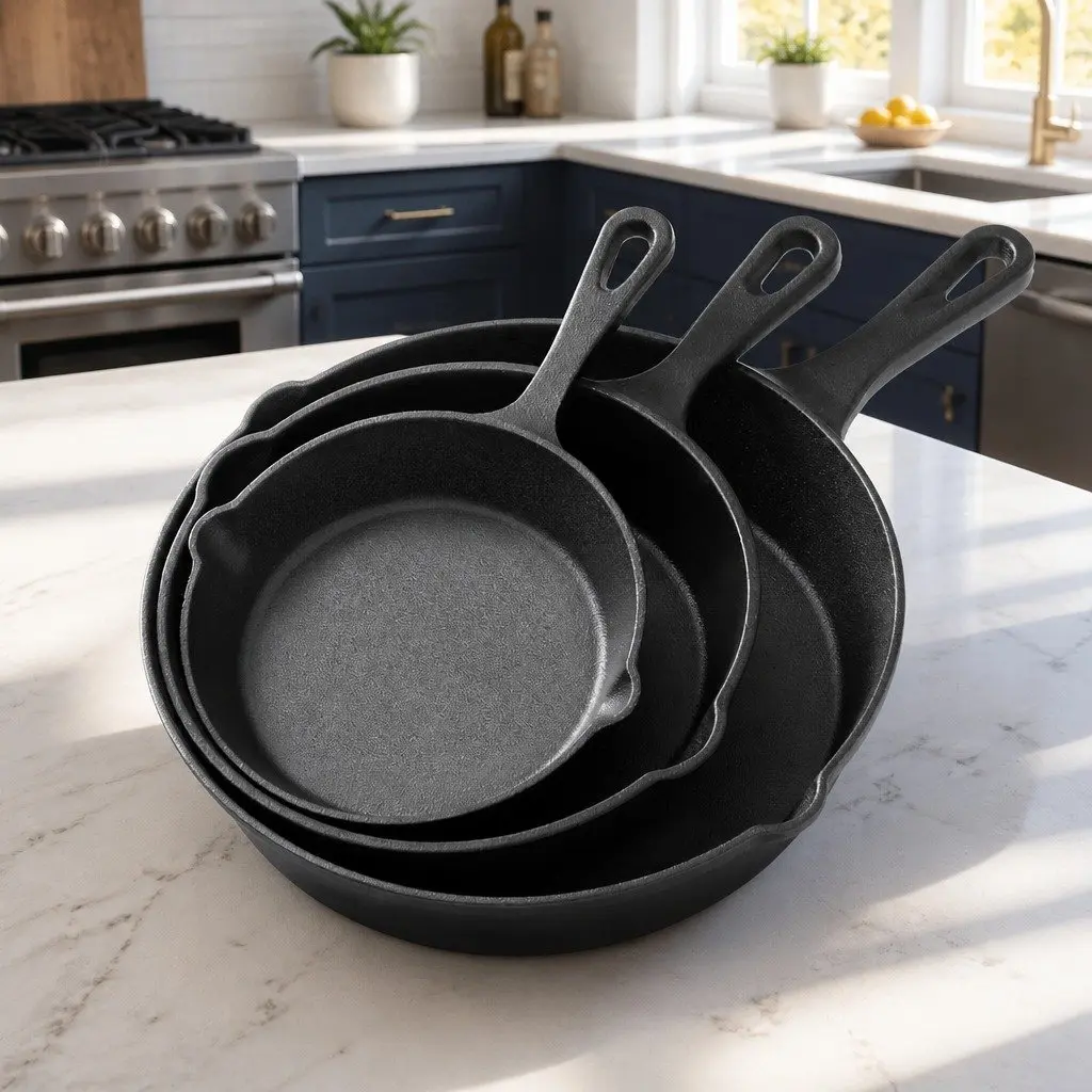 Cast Iron Frying Pan Set 3 Piece Non Stick Cookware Skillet Kitchen Cooking