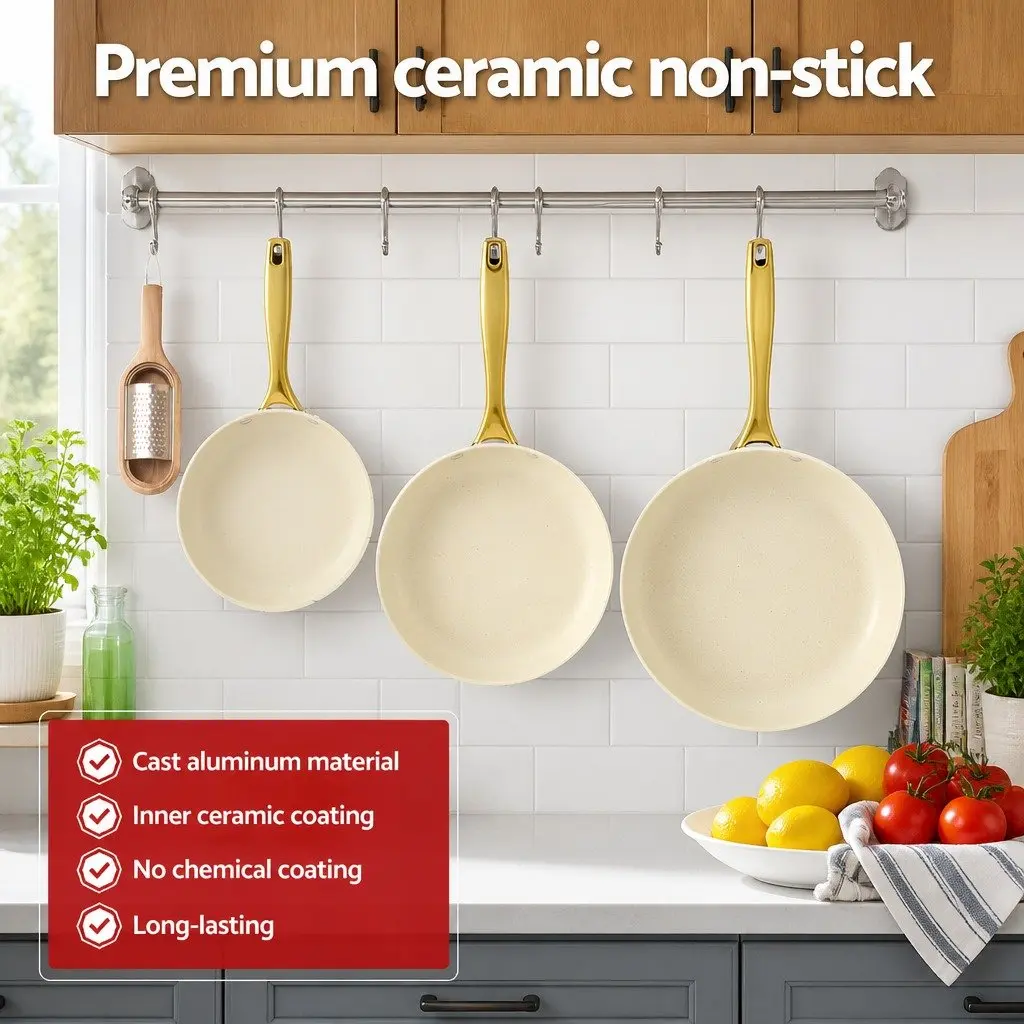 Frying Pan Set Multi Colour 3 Piece Ceramic Non-Stick Cookware