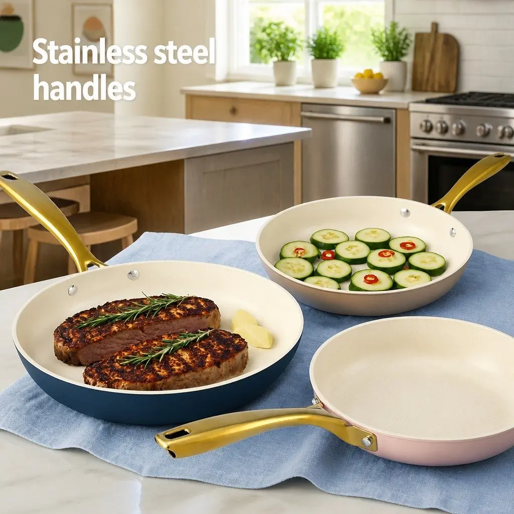 Frying Pan Set Multi Colour 3 Piece Ceramic Non-Stick Cookware