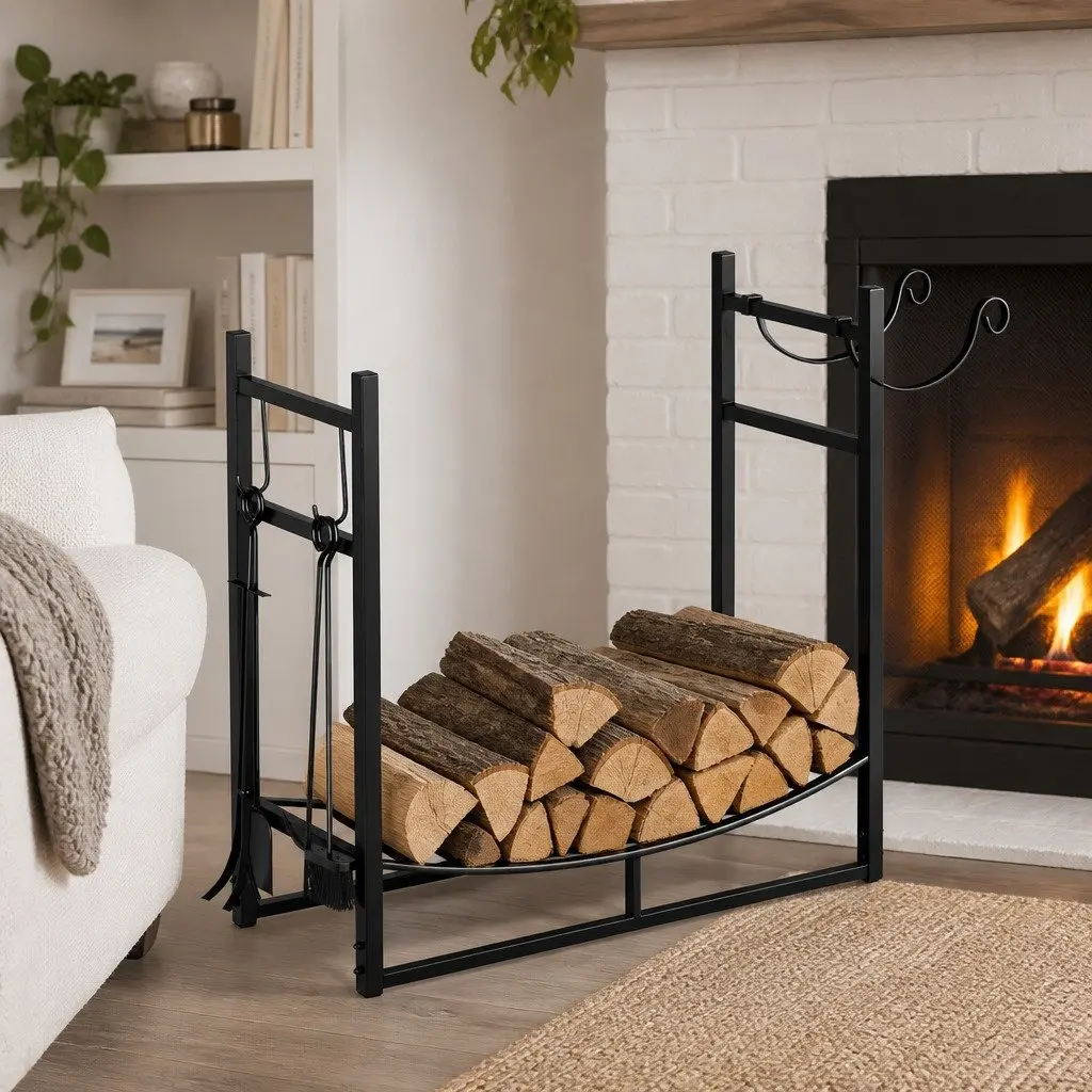 Firewood Rack Black Heavy Duty Metal with Fireplace Tools Set
