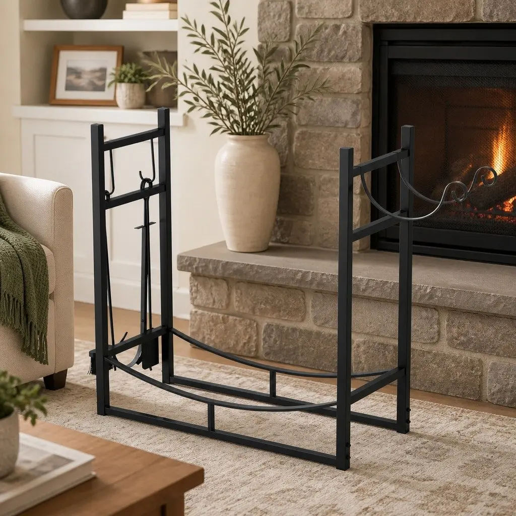 Firewood Rack Black Heavy Duty Metal with Fireplace Tools Set